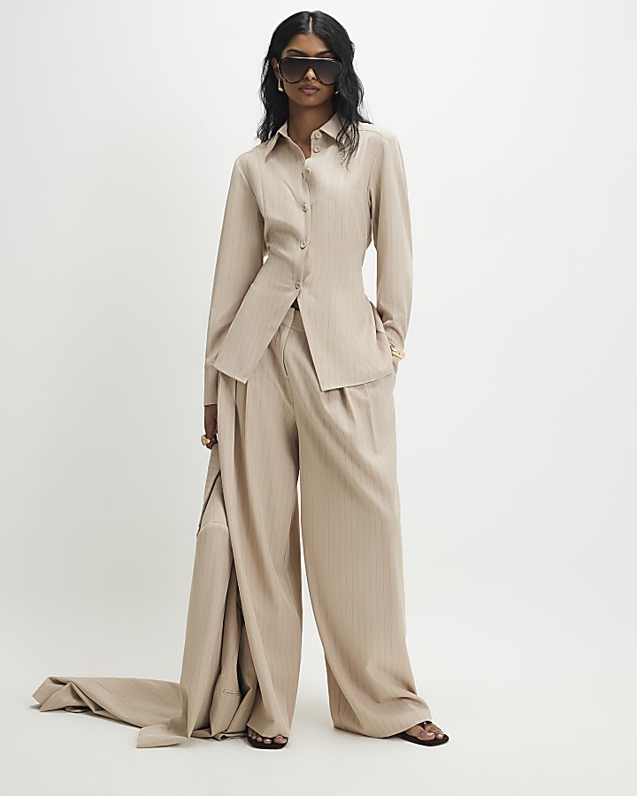 Beige Long Sleeve Striped Shirt