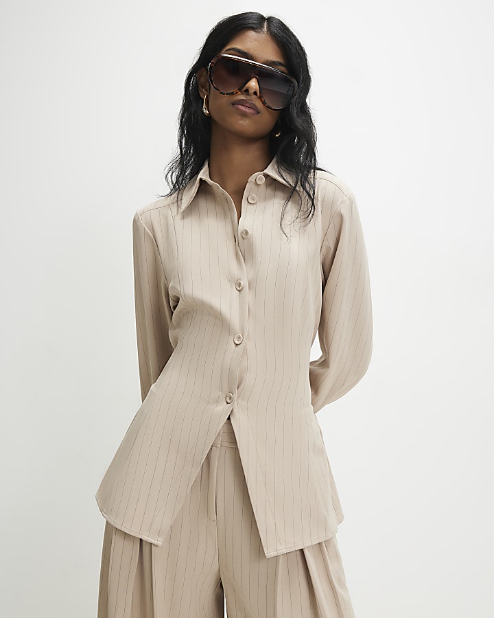 Beige Long Sleeve Striped Shirt