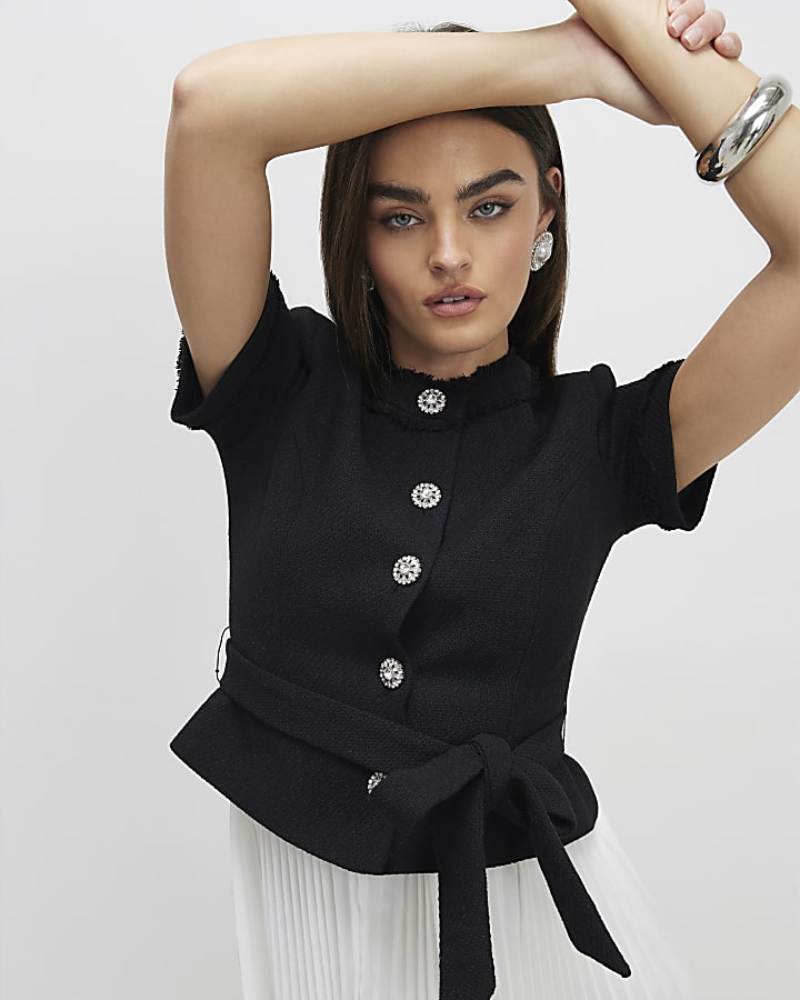 Black Boucle Hybrid Mini Dress