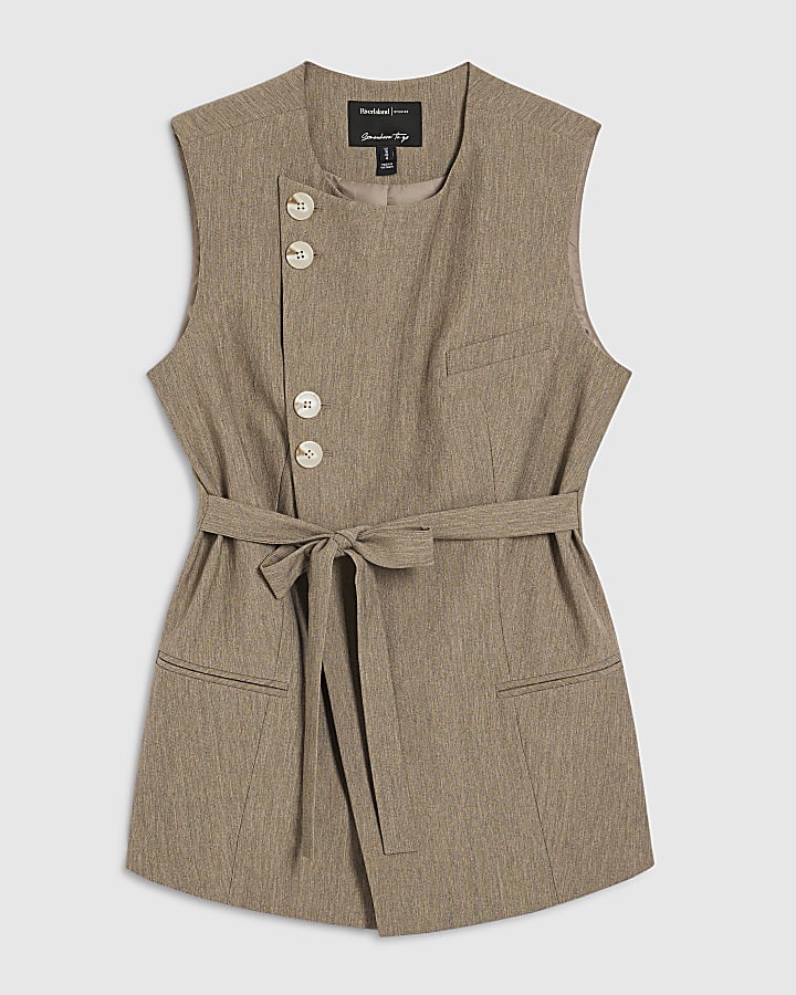 Beige Asymmetric Belted Waistcoat