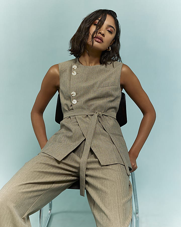 Beige Asymmetric Belted Waistcoat