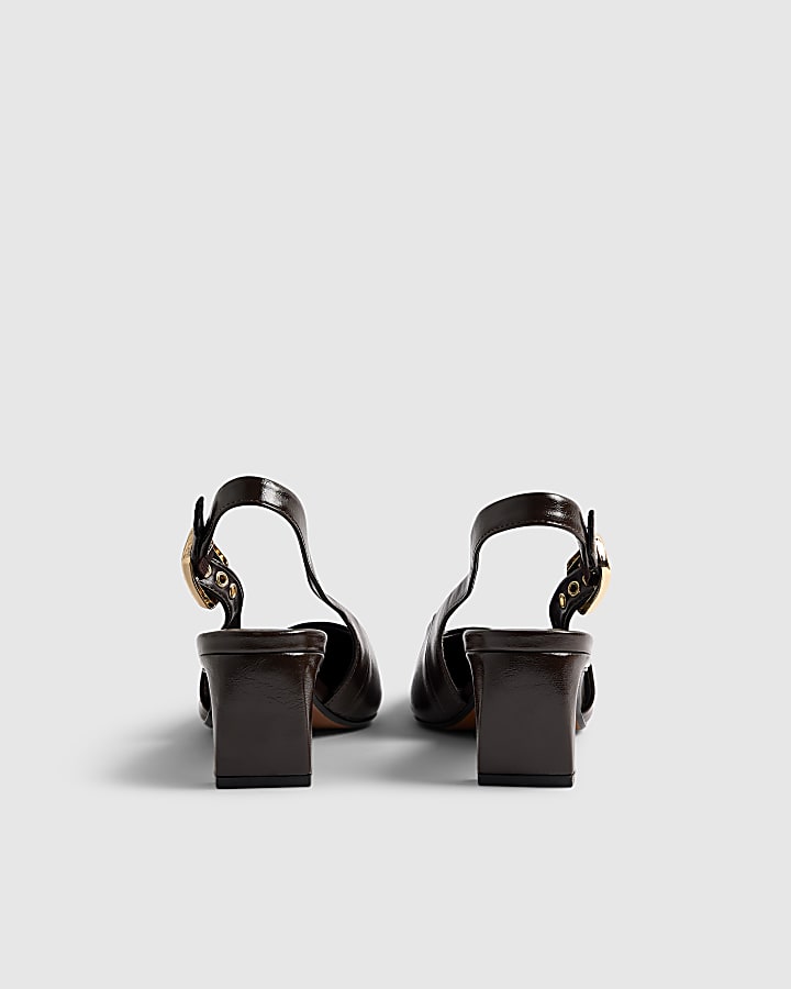Brown Low Chisel Toe Slingback Court Heels