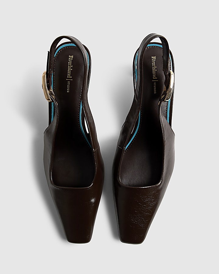 Brown Low Chisel Toe Slingback Court Heels