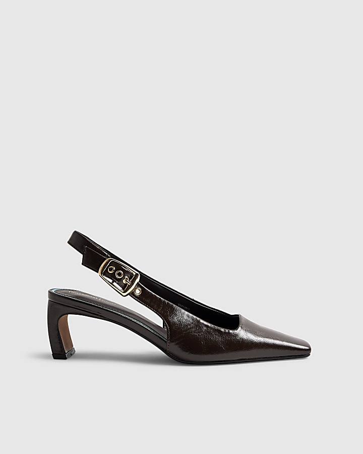 Brown Low Chisel Toe Slingback Court Heels
