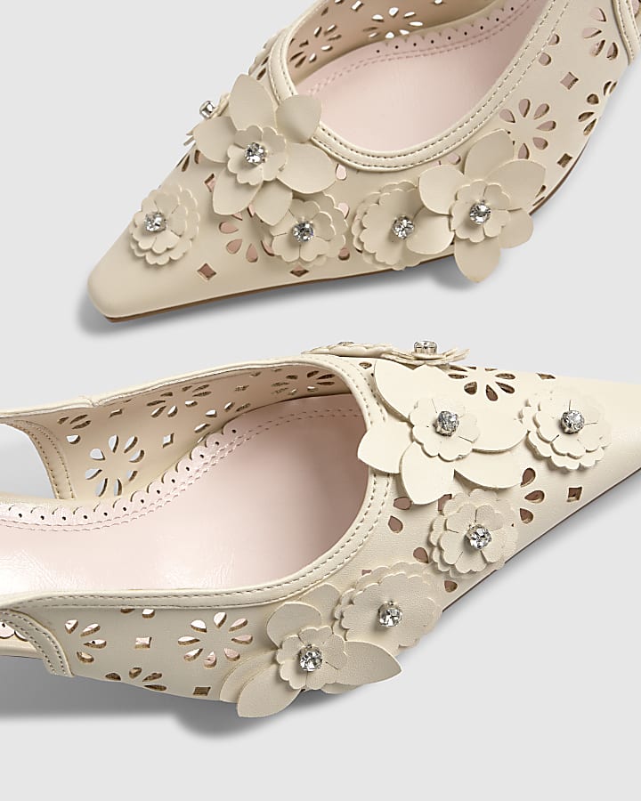 Cream Sling Back 3D Floral Court Heels