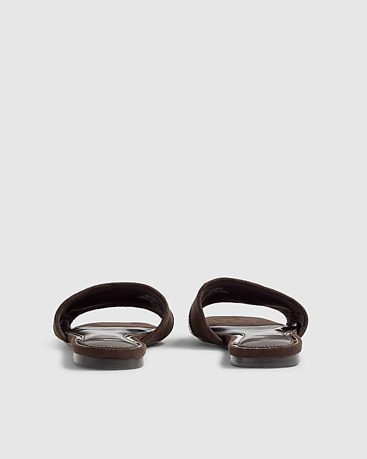 Brown Faux Suede Branded Flat Mule Sandals