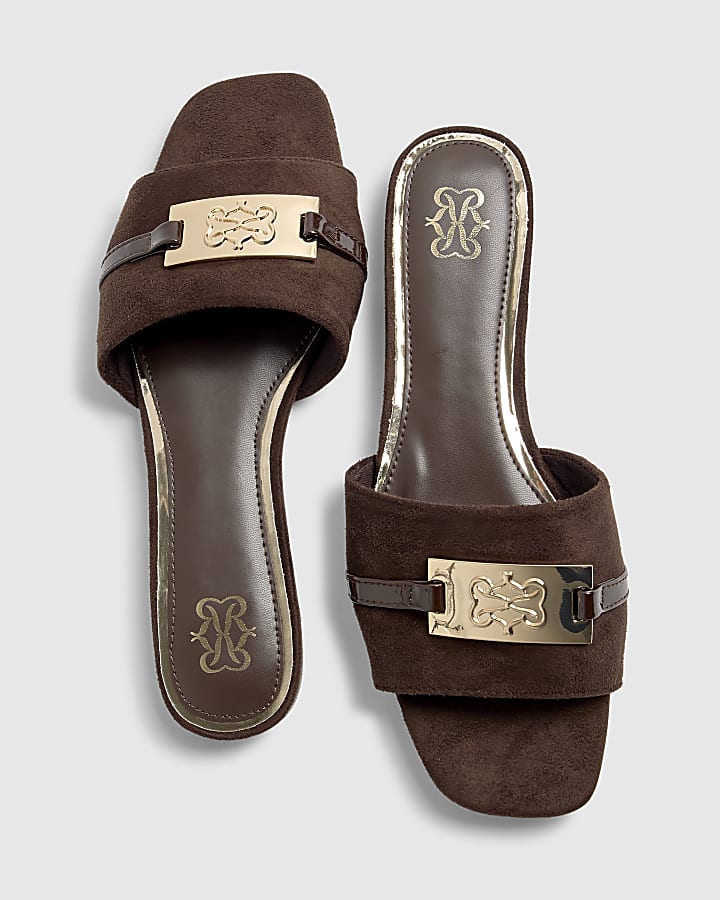 Brown Faux Suede Branded Flat Mule Sandals