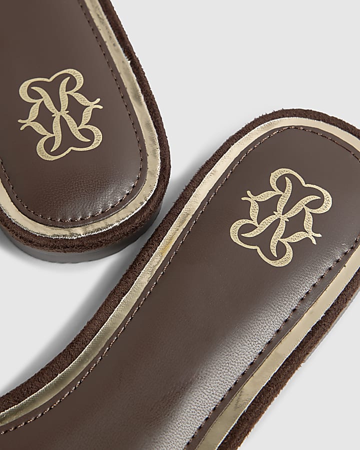 Brown Faux Suede Branded Flat Mule Sandals