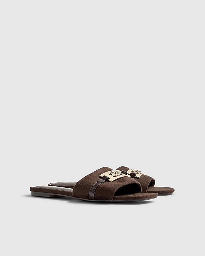 Brown Faux Suede Branded Flat Mule Sandals