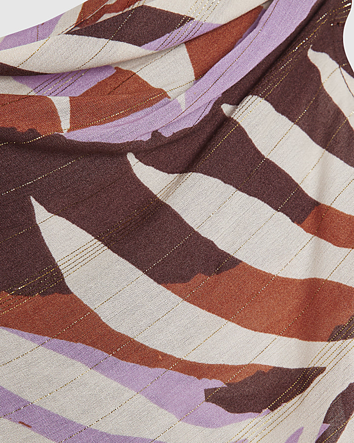 Brown Leaf Print Chain Strap Top