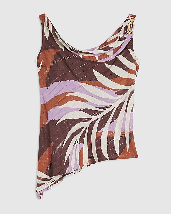 Brown Leaf Print Chain Strap Top