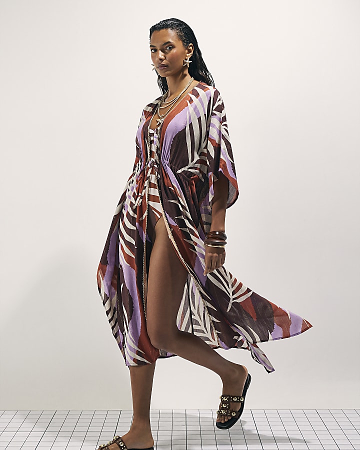 Brown Palm Print Maxi Kaftan