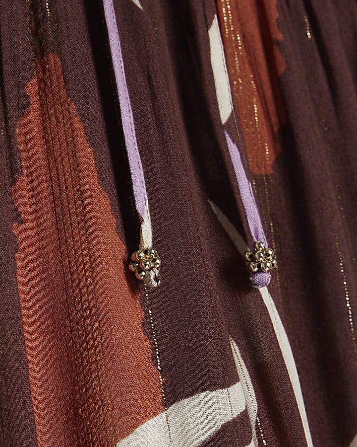 Brown Leaf Print Wide Leg Trousers