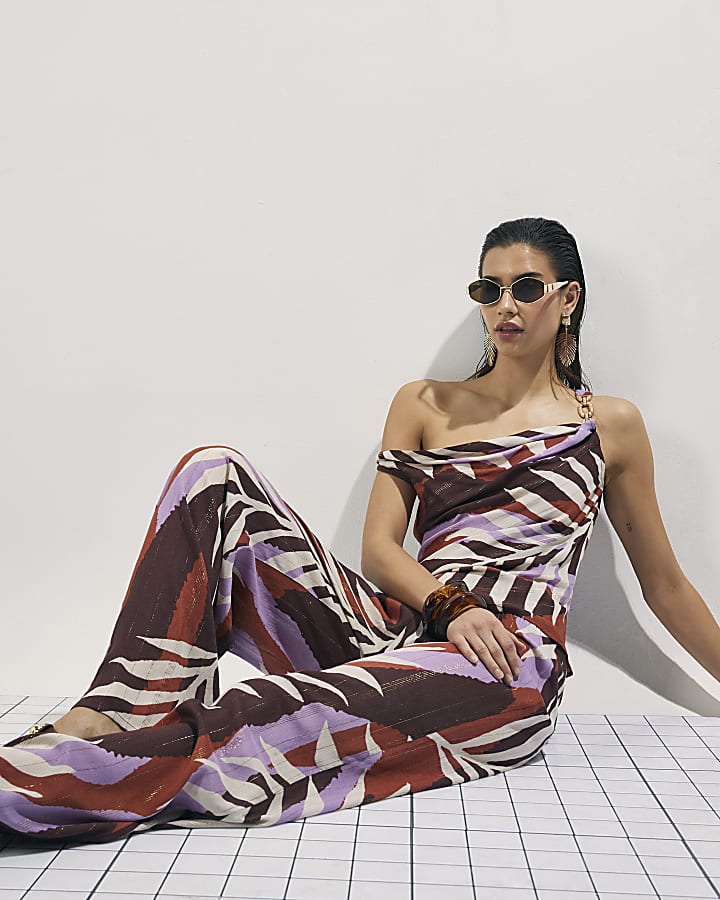 Brown Leaf Print Wide Leg Trousers