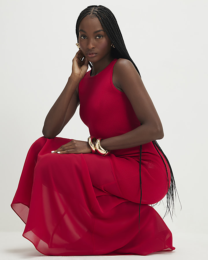 Red Chiffon Hybrid Maxi Dress