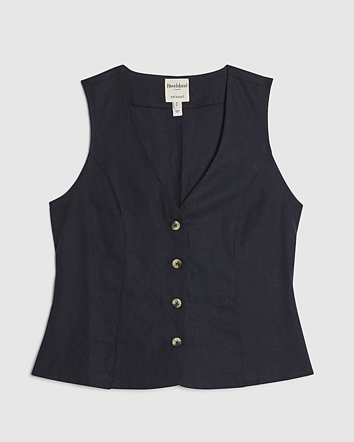 Navy Linen Blend Waistcoat