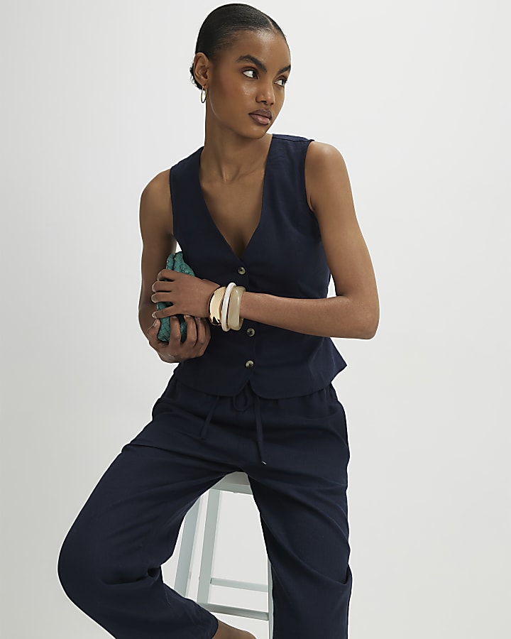 Navy Linen Blend Waistcoat