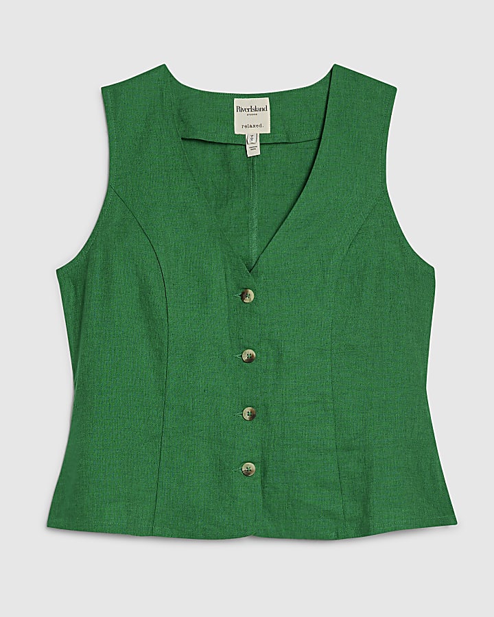 Green Linen Blend Waistcoat