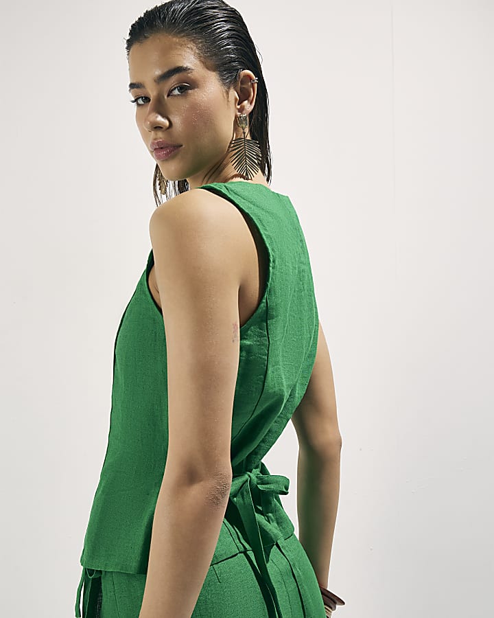 Green Linen Blend Waistcoat
