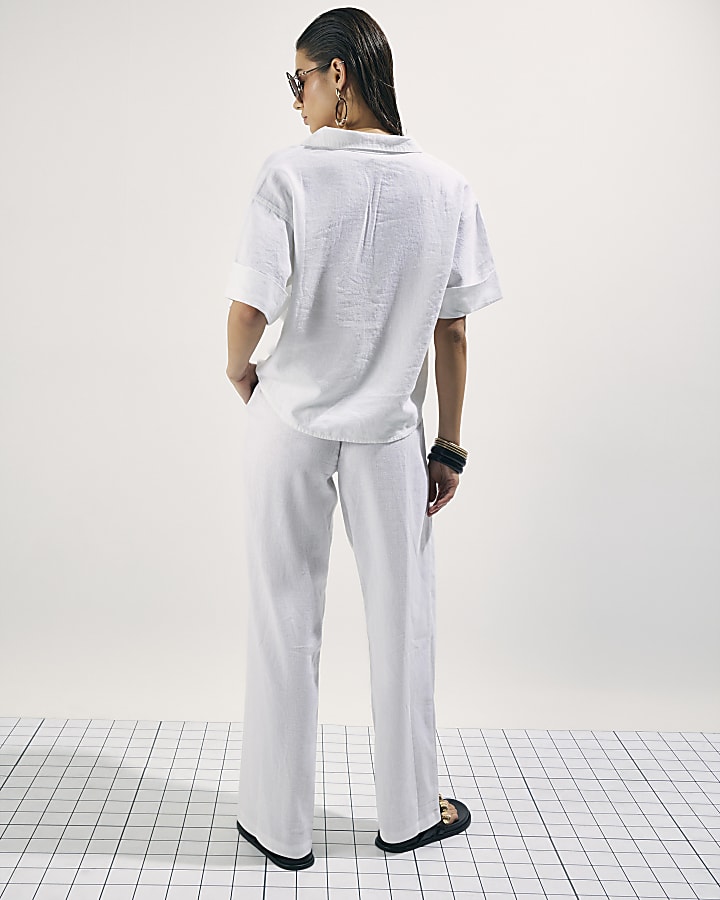 White Linen Blend Tapered Trousers