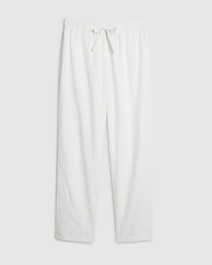 White Linen Blend Tapered Trousers