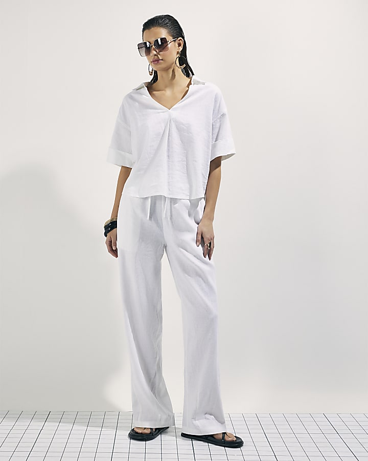 White Linen Blend Tapered Trousers