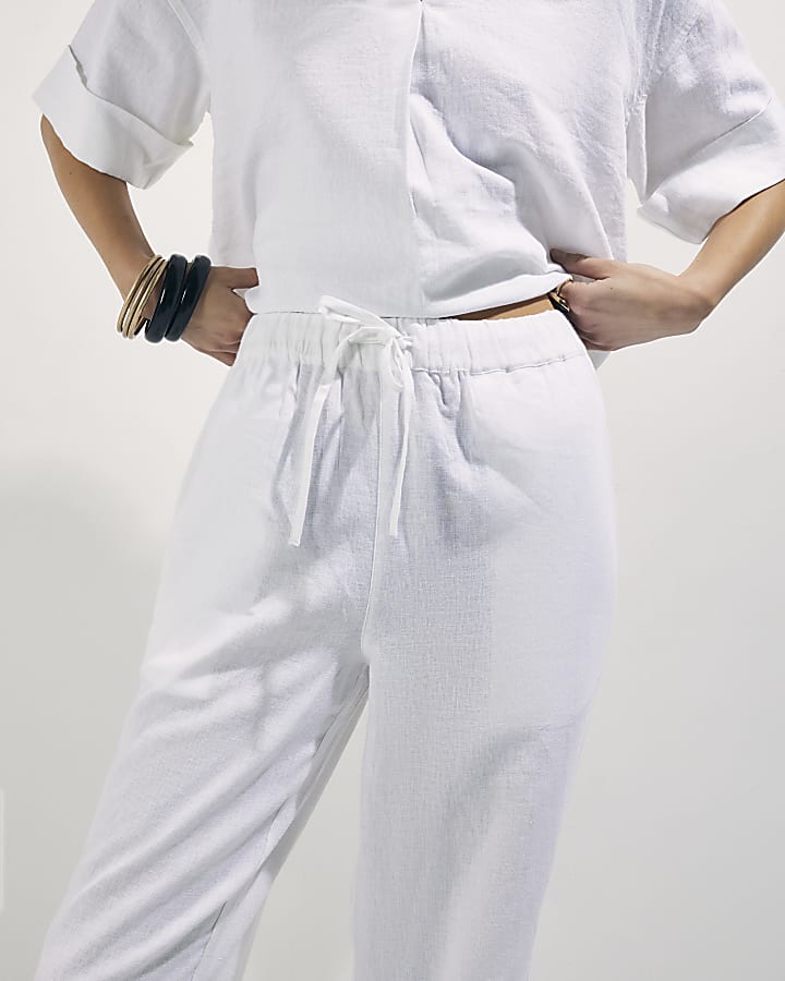White Linen Blend Tapered Trousers