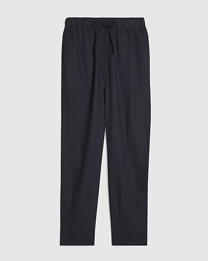 Navy Linen Blend Tapered Trousers