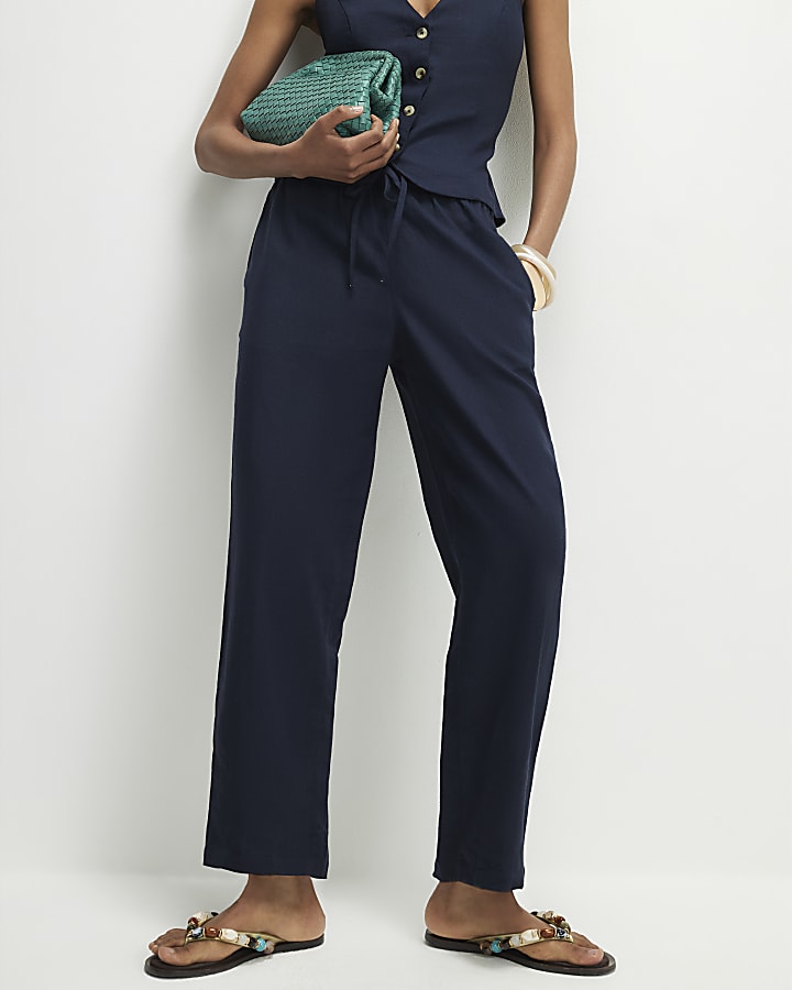 Navy Linen Blend Tapered Trousers