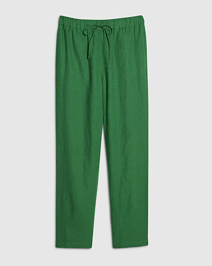 Green Linen Blend Tapered Trousers
