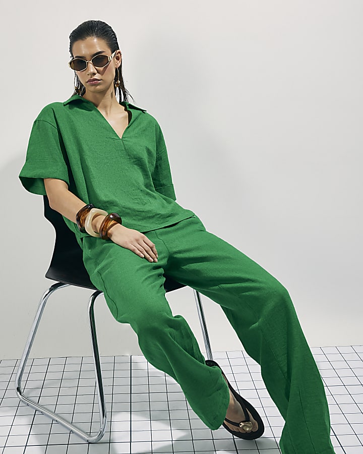 Green Linen Blend Tapered Trousers