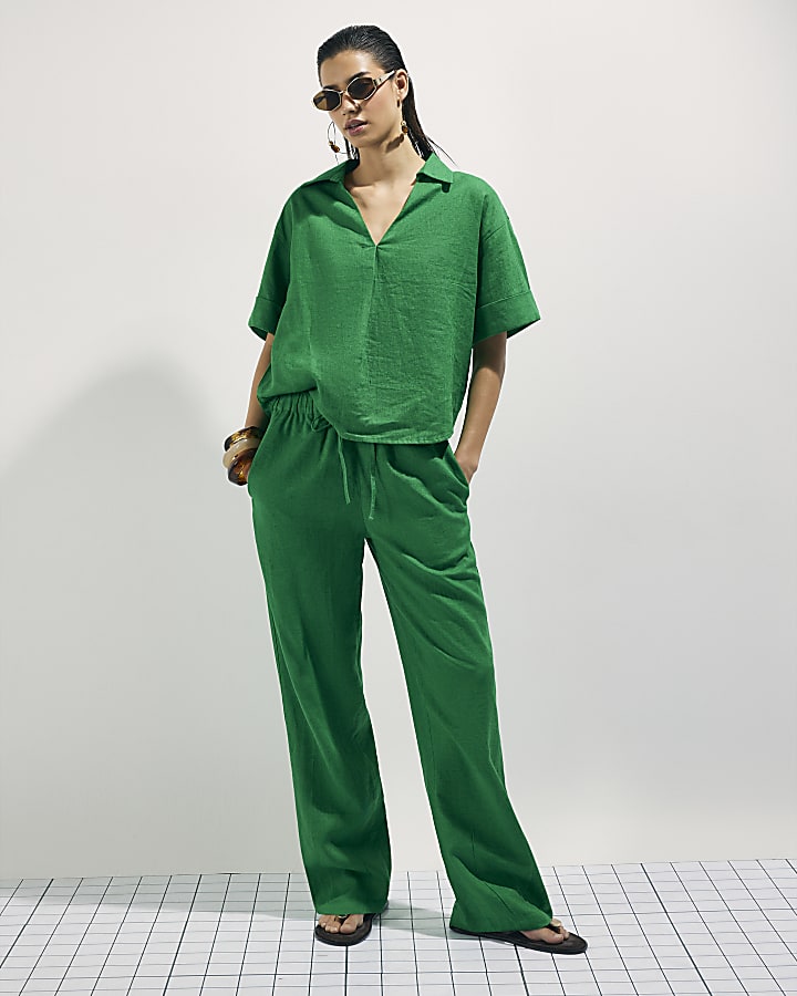 Green Linen Blend Tapered Trousers