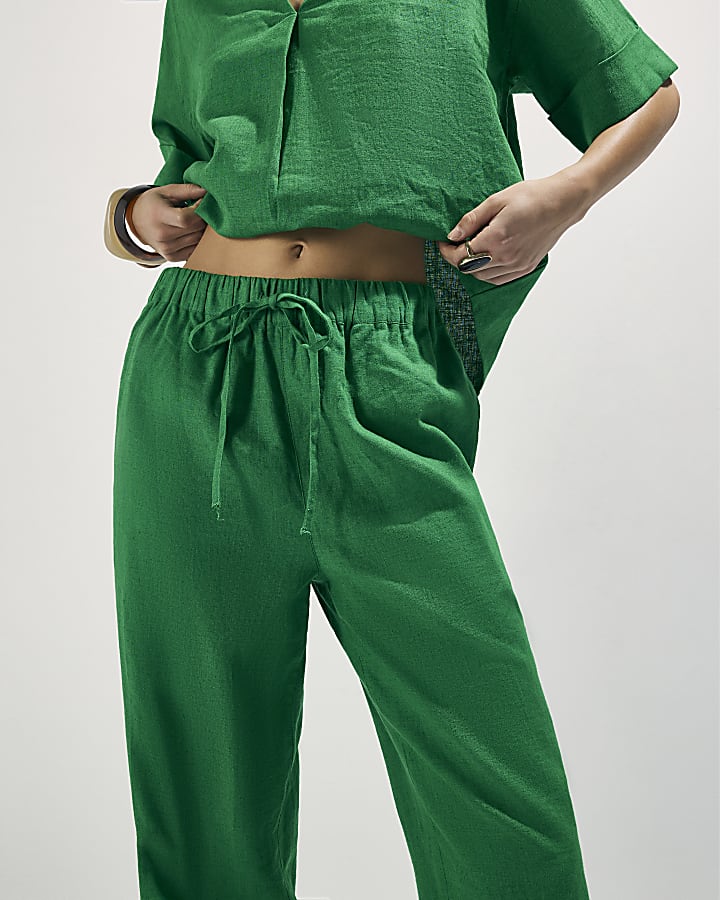 Green Linen Blend Tapered Trousers