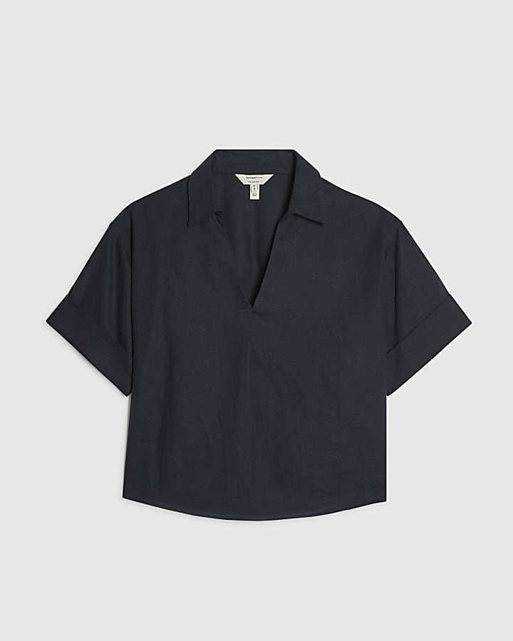 Navy Linen Blend Short Sleeve Shirt