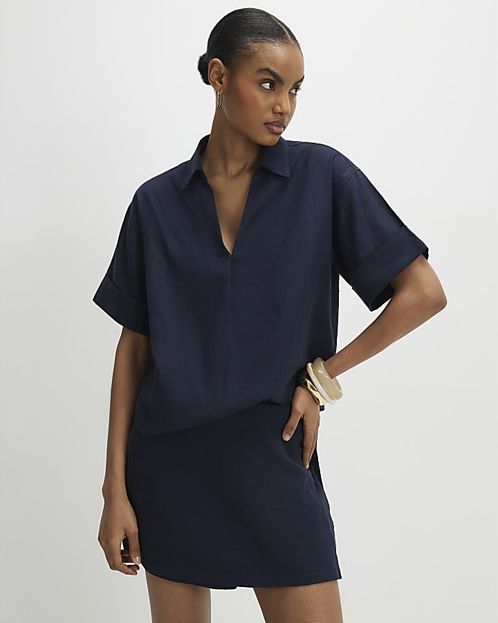 Navy Linen Blend Short Sleeve Shirt