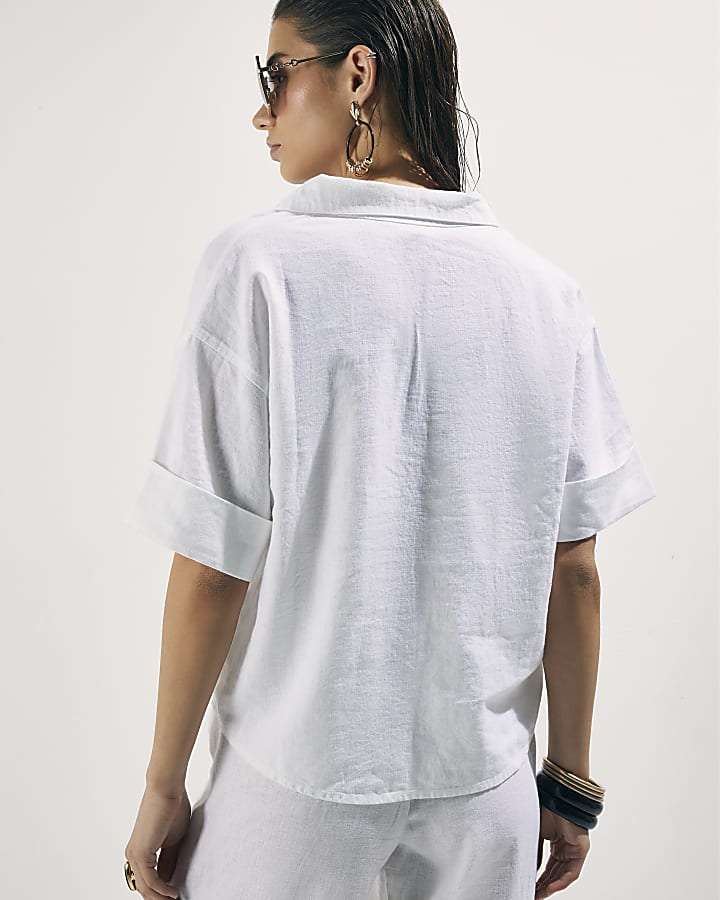 White Linen Blend Short Sleeve Shirt
