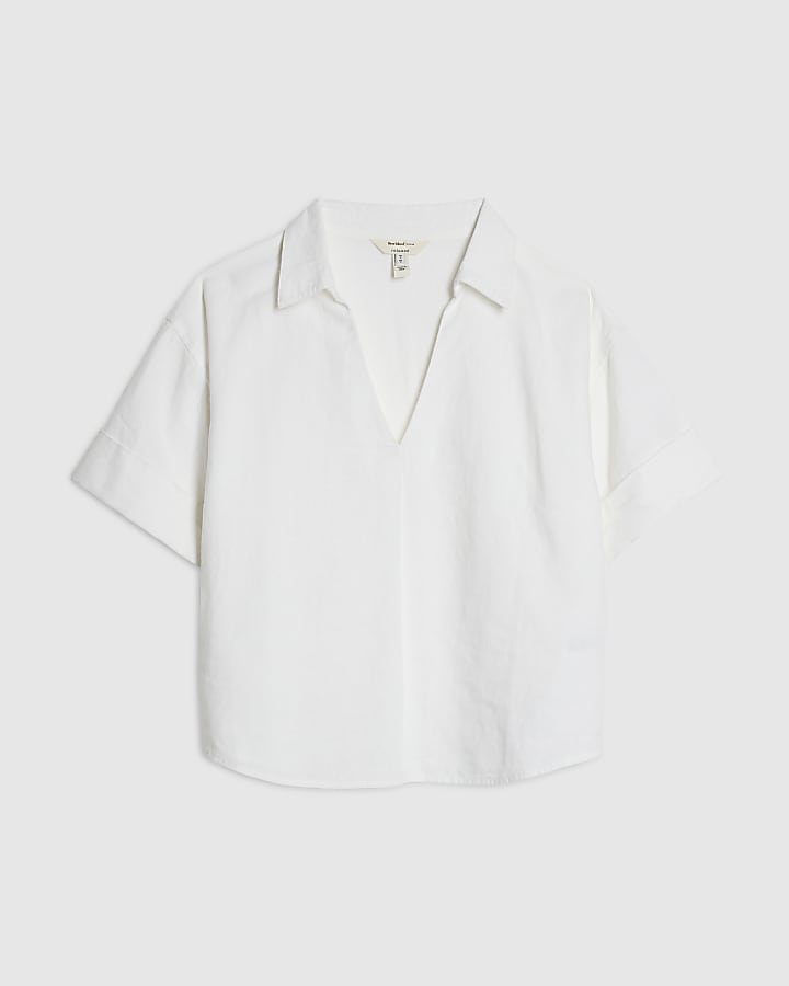 White Linen Blend Short Sleeve Shirt