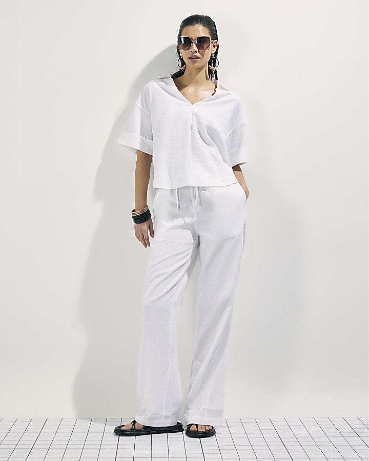 White Linen Blend Short Sleeve Shirt