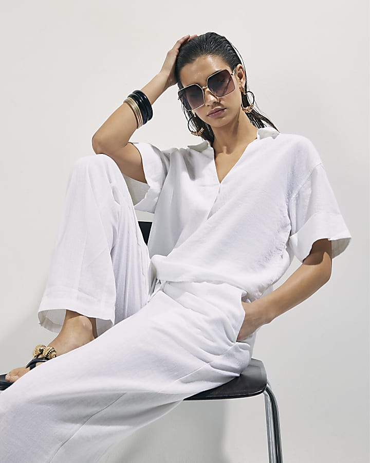 White Linen Blend Short Sleeve Shirt