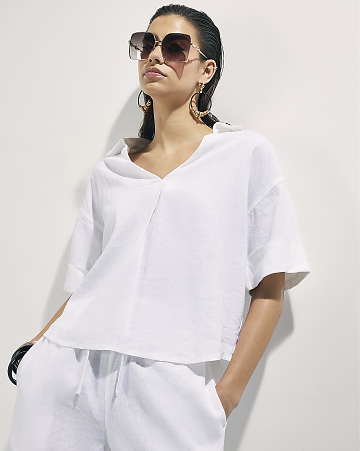 White Linen Blend Short Sleeve Shirt