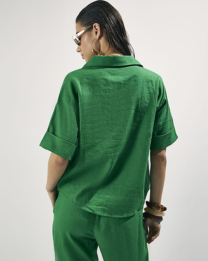 Green Linen Blend Short Sleeve Shirt