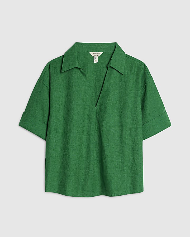 Green Linen Blend Short Sleeve Shirt