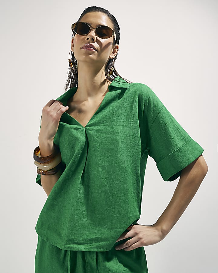 Green Linen Blend Short Sleeve Shirt