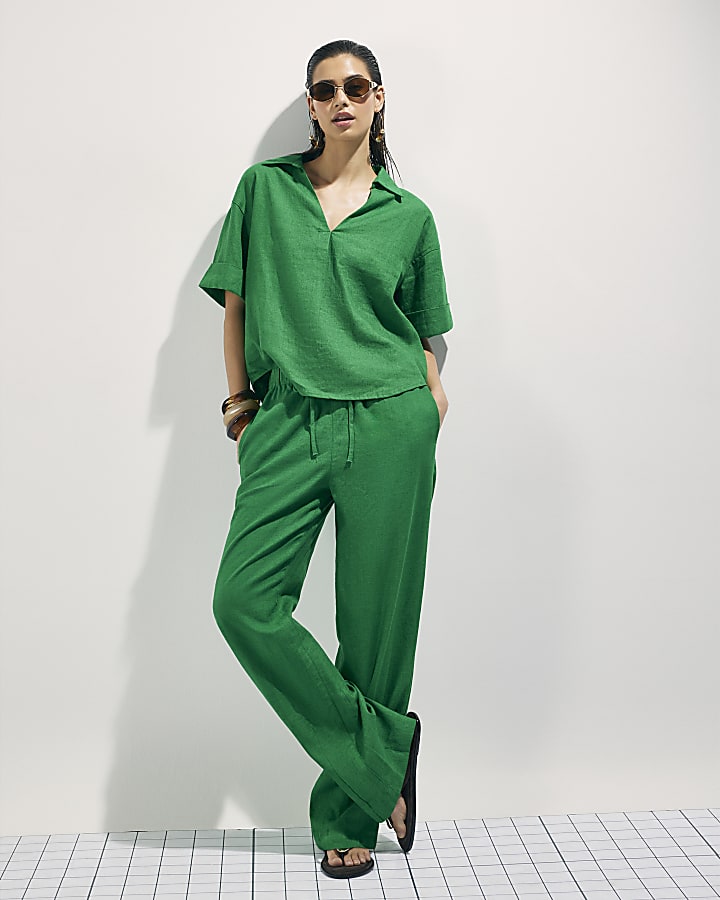 Green Linen Blend Short Sleeve Shirt