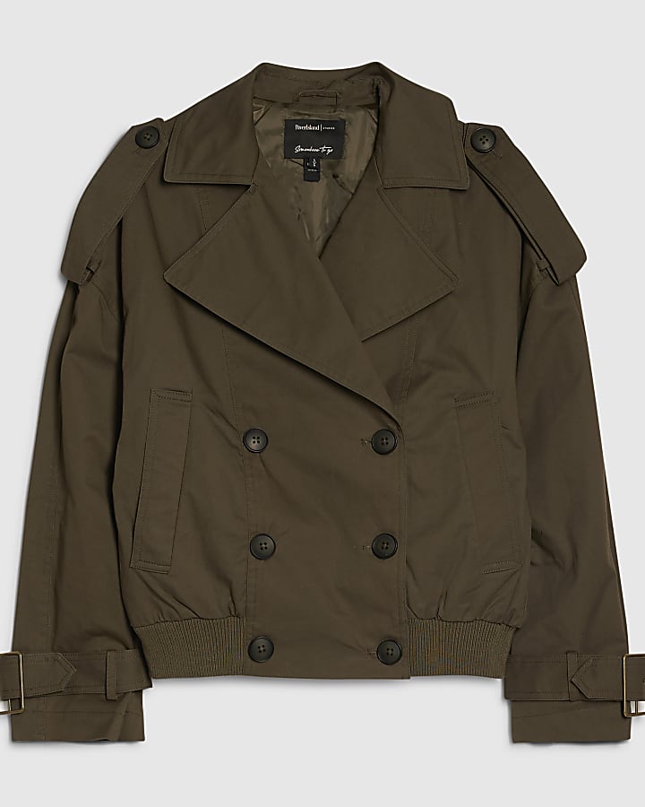Khaki Rib Hem Cropped Trench Jacket