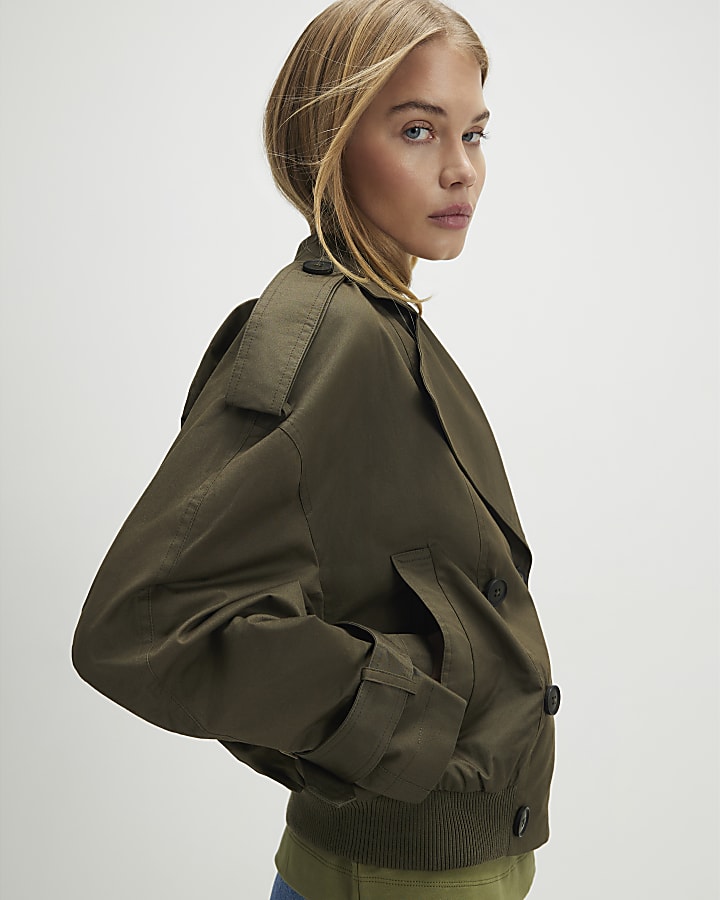 Khaki Rib Hem Cropped Trench Jacket
