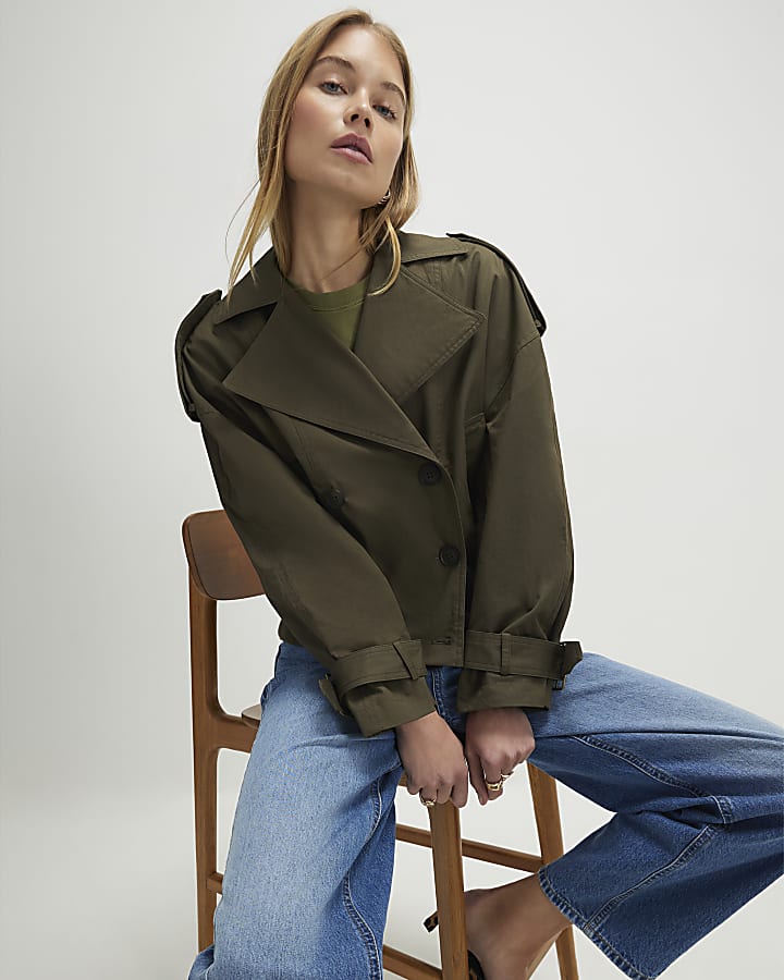 Khaki Rib Hem Cropped Trench Jacket