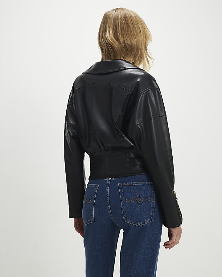 Black Faux Leather Waisted Biker Jacket