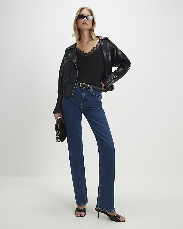 Black Faux Leather Waisted Biker Jacket