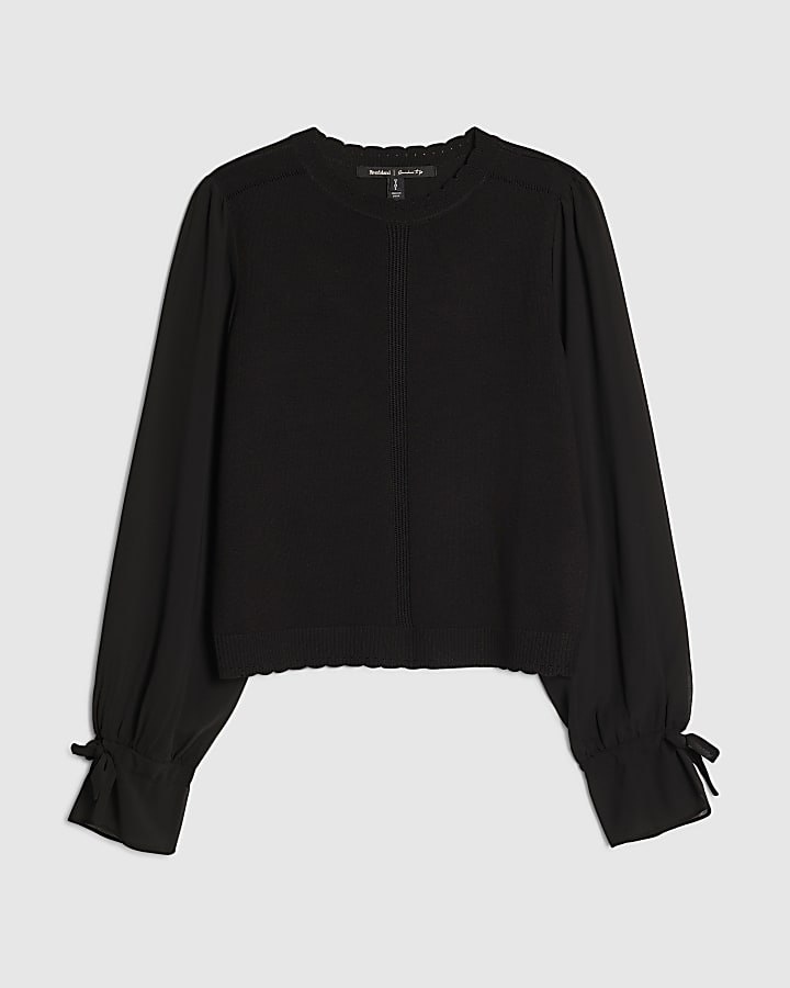 Black Knitted Long Chiffon Sleeve Top